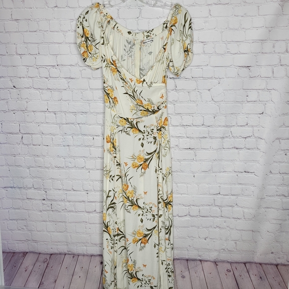 Reformation Pearl Dress Aurora Floral Cream Ivory Orange Gold Puff Sleeve Midi 2 - Picture 3 of 13